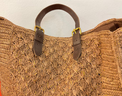 Tasche / Raffia Shopper mit Goldfaden und Ledergriffen